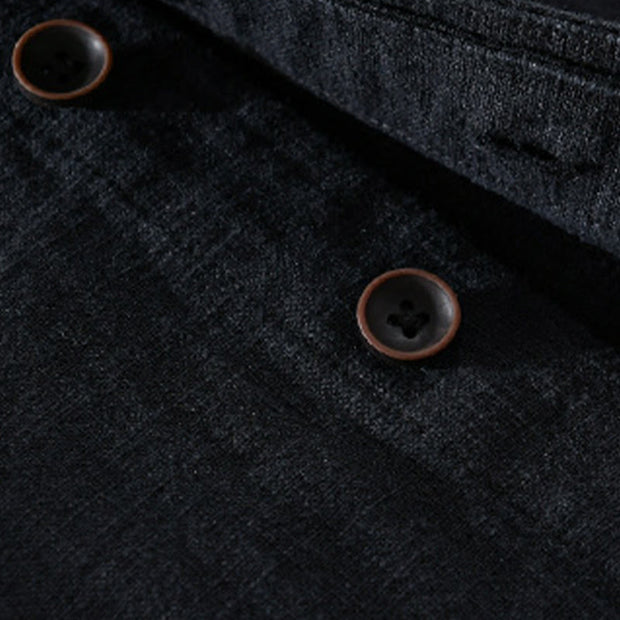Buddha Stones Spring Daily Simple Buttons Design Stand Collar Men's Long Sleeve Cotton Linen Shirt With Pockets