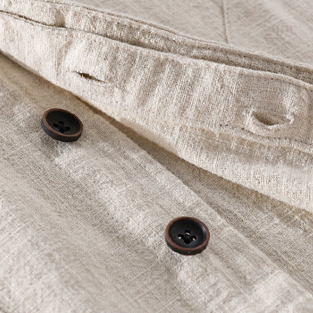 Buddha Stones Spring Daily Simple Buttons Design Stand Collar Men's Long Sleeve Cotton Linen Shirt With Pockets