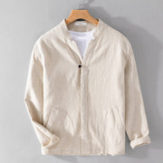 Buddha Stones Spring Daily Simple Buttons Design Stand Collar Men's Long Sleeve Cotton Linen Shirt With Pockets