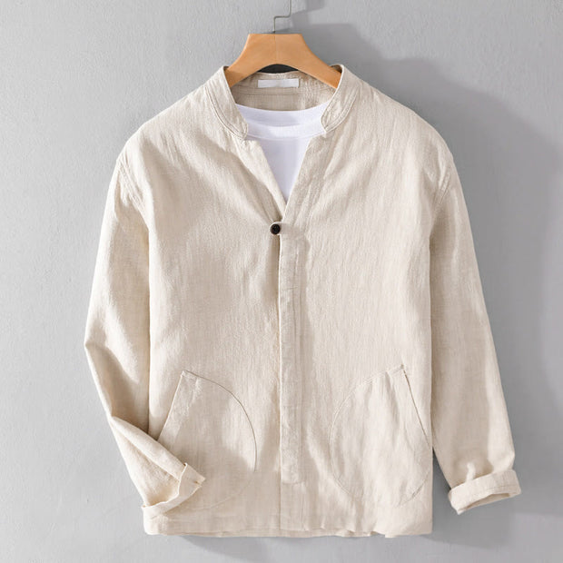 Buddha Stones Spring Daily Simple Buttons Design Stand Collar Men's Long Sleeve Cotton Linen Shirt With Pockets