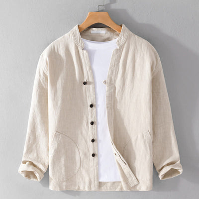Buddha Stones Spring Daily Simple Buttons Design Stand Collar Men's Long Sleeve Cotton Linen Shirt With Pockets