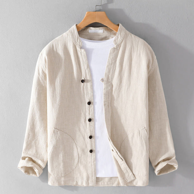 Buddha Stones Spring Daily Simple Buttons Design Stand Collar Men's Long Sleeve Cotton Linen Shirt With Pockets