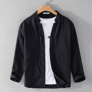 Buddha Stones Spring Daily Simple Buttons Design Stand Collar Men's Long Sleeve Cotton Linen Shirt With Pockets