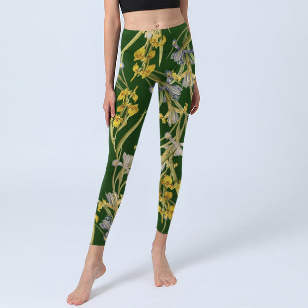 Buddha Stones Green Iris Pattern Print Gym Leggings Women's Yoga Pants