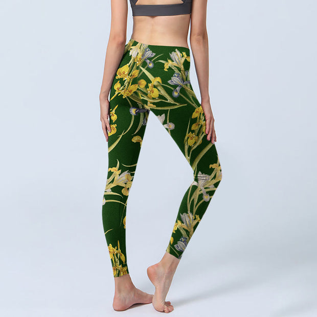 Buddha Stones Green Iris Pattern Print Gym Leggings Women's Yoga Pants