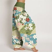 Buddha Stones Colorful Flowers Fan-shaped Pattern Design Women's Elastic Waist Harem Pants