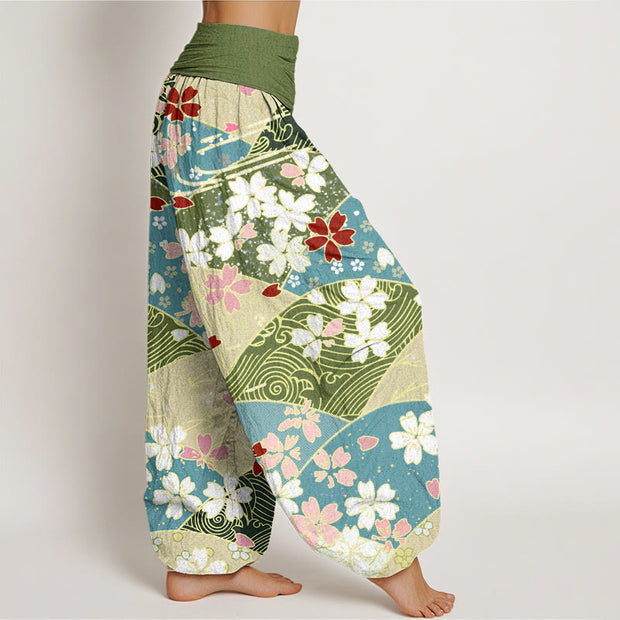 Buddha Stones Colorful Flowers Fan-shaped Pattern Design Women's Elastic Waist Harem Pants