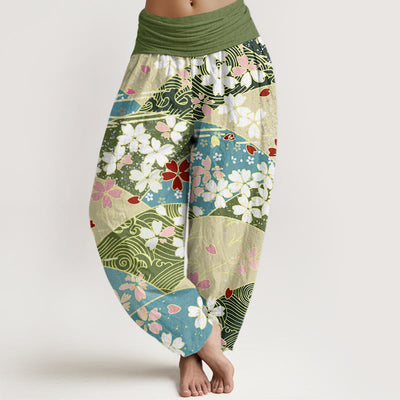 Buddha Stones Colorful Flowers Fan-shaped Pattern Design Women's Elastic Waist Harem Pants