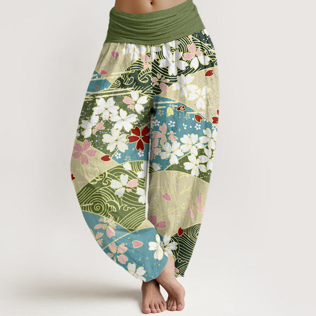 Buddha Stones Colorful Flowers Fan-shaped Pattern Design Women's Elastic Waist Harem Pants