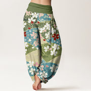 Buddha Stones Colorful Flowers Fan-shaped Pattern Design Women's Elastic Waist Harem Pants