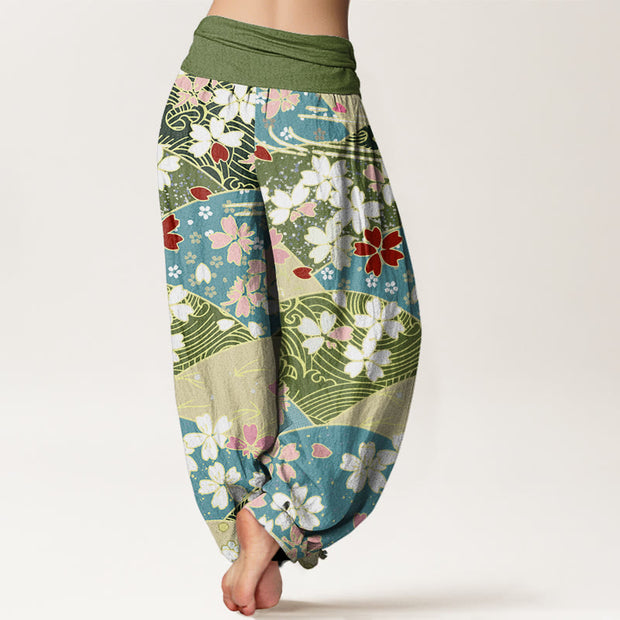 Buddha Stones Colorful Flowers Fan-shaped Pattern Design Women's Elastic Waist Harem Pants