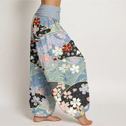 Buddha Stones Colorful Flowers Fan-shaped Pattern Design Women's Elastic Waist Harem Pants