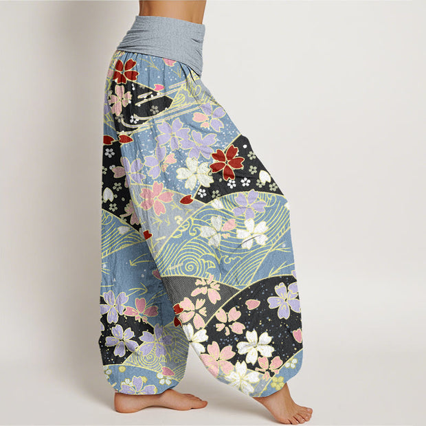 Buddha Stones Colorful Flowers Fan-shaped Pattern Design Women's Elastic Waist Harem Pants