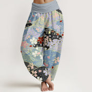 Buddha Stones Colorful Flowers Fan-shaped Pattern Design Women's Elastic Waist Harem Pants