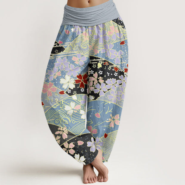 Buddha Stones Colorful Flowers Fan-shaped Pattern Design Women's Elastic Waist Harem Pants