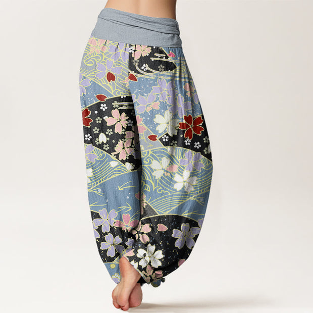 Buddha Stones Colorful Flowers Fan-shaped Pattern Design Women's Elastic Waist Harem Pants