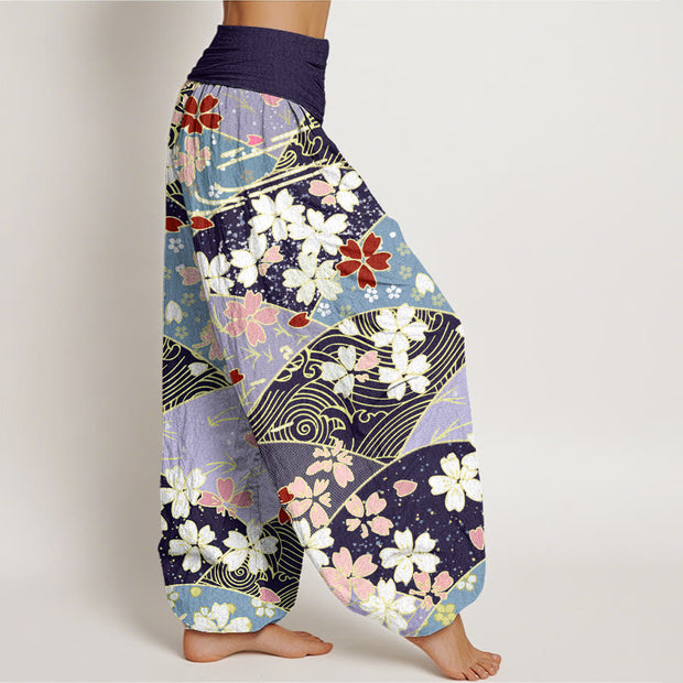 Buddha Stones Colorful Flowers Fan-shaped Pattern Design Women's Elastic Waist Harem Pants