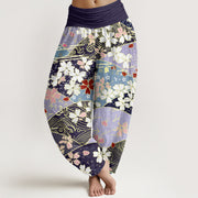 Buddha Stones Colorful Flowers Fan-shaped Pattern Design Women's Elastic Waist Harem Pants