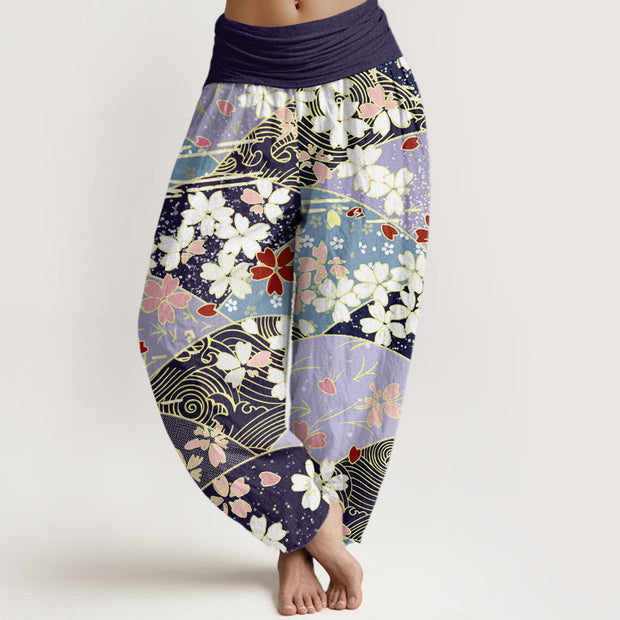 Buddha Stones Colorful Flowers Fan-shaped Pattern Design Women's Elastic Waist Harem Pants
