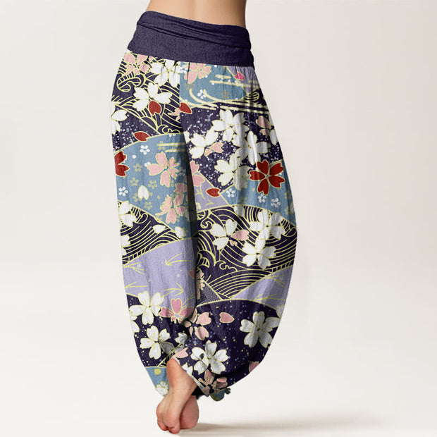 Buddha Stones Colorful Flowers Fan-shaped Pattern Design Women's Elastic Waist Harem Pants