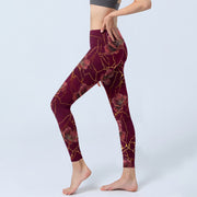 Buddha Stones Red Petals Golden Lines Pattern Print Gym Leggings Women's Yoga Pants