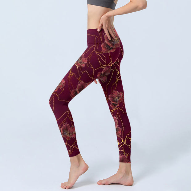 Buddha Stones Red Petals Golden Lines Pattern Print Gym Leggings Women's Yoga Pants