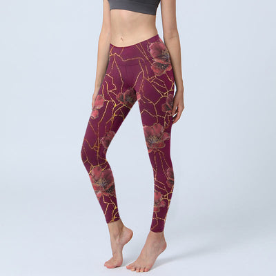 Buddha Stones Red Petals Golden Lines Pattern Print Gym Leggings Women's Yoga Pants