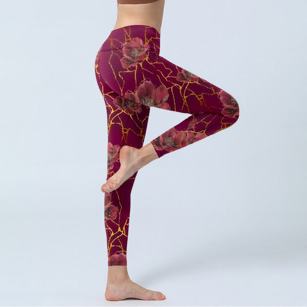 Buddha Stones Red Petals Golden Lines Pattern Print Gym Leggings Women's Yoga Pants