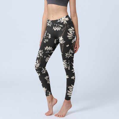 Buddha Stones Black White Petals Pattern Print Gym Leggings Women's Yoga Pants