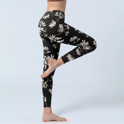 Buddha Stones Black White Petals Pattern Print Gym Leggings Women's Yoga Pants
