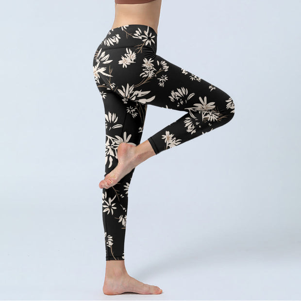 Buddha Stones Black White Petals Pattern Print Gym Leggings Women's Yoga Pants