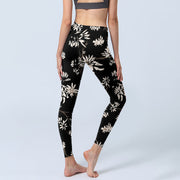 Buddha Stones Black White Petals Pattern Print Gym Leggings Women's Yoga Pants
