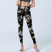 Buddha Stones Black White Petals Pattern Print Gym Leggings Women's Yoga Pants