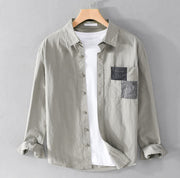 Buddha Stones Spring Daily Line Patchwork Design Lapel Men's Long Sleeve Cotton Linen Shirt With Pockets