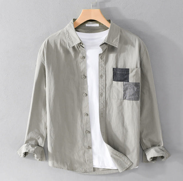Buddha Stones Spring Daily Line Patchwork Design Lapel Men's Long Sleeve Cotton Linen Shirt With Pockets