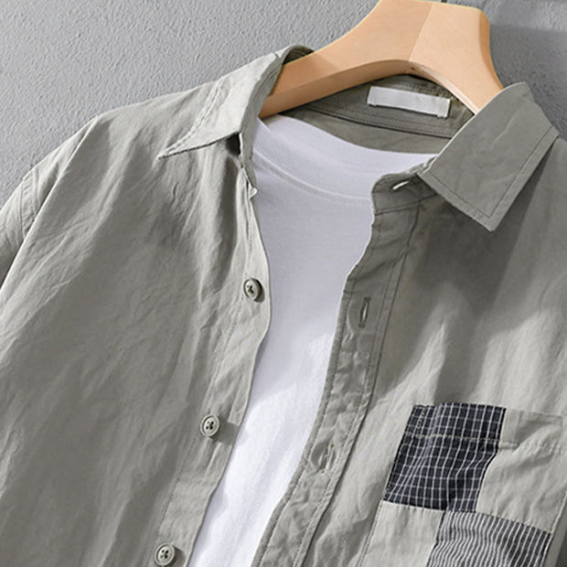 Buddha Stones Spring Daily Line Patchwork Design Lapel Men's Long Sleeve Cotton Linen Shirt With Pockets