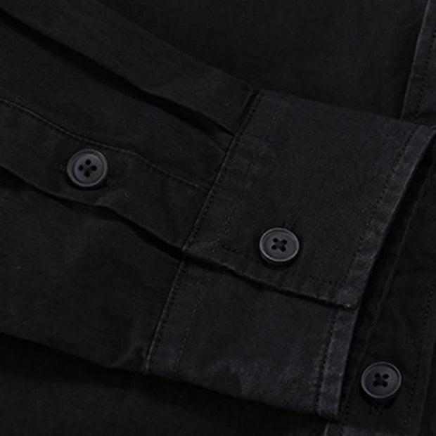 Buddha Stones Spring Daily Line Patchwork Design Lapel Men's Long Sleeve Cotton Linen Shirt With Pockets