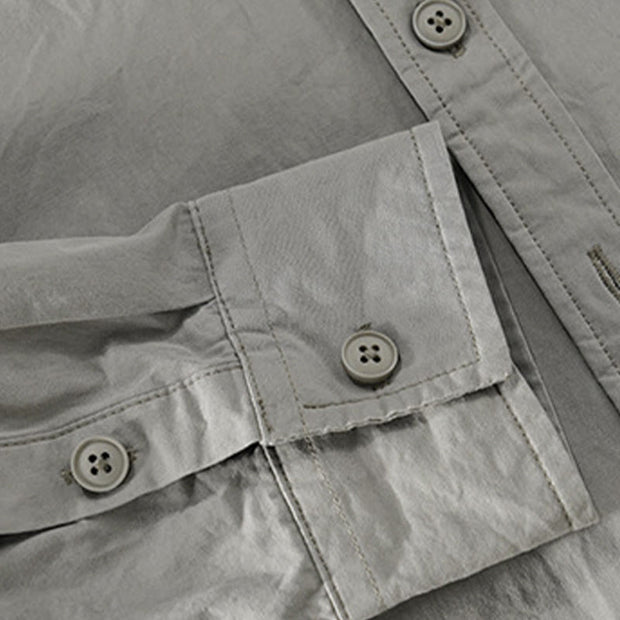 Buddha Stones Spring Daily Line Patchwork Design Lapel Men's Long Sleeve Cotton Linen Shirt With Pockets