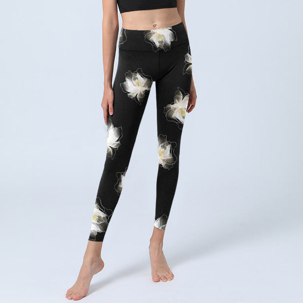 Buddha Stones Black White Lotus Petals Pattern Print Gym Leggings Women's Yoga Pants