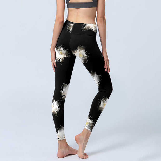 Buddha Stones Black White Lotus Petals Pattern Print Gym Leggings Women's Yoga Pants