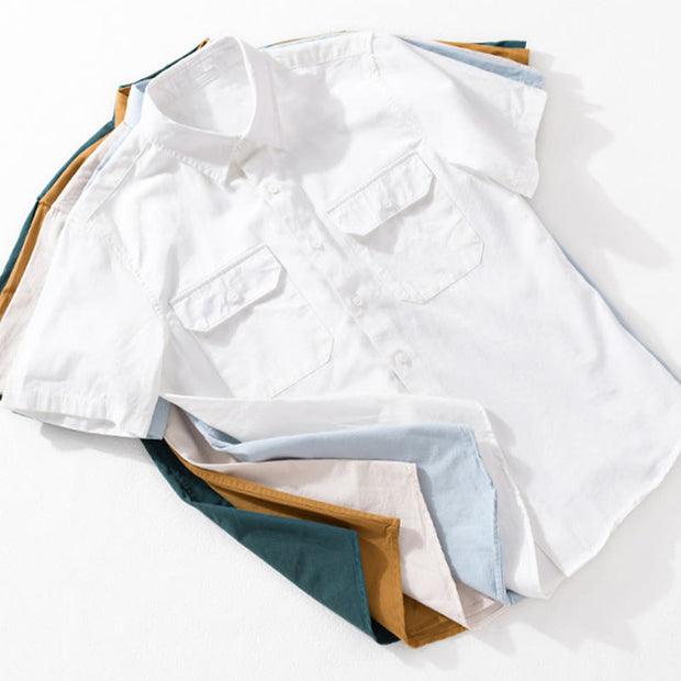 Buddha Stones Daily Casual Pure Color Lapel Men's Short Sleeve Cotton Linen Shirt With Pockets