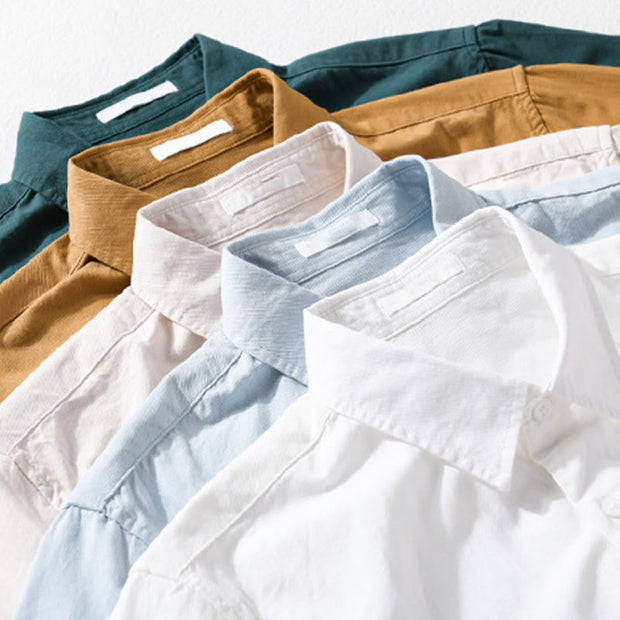Buddha Stones Daily Casual Pure Color Lapel Men's Short Sleeve Cotton Linen Shirt With Pockets