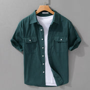 Buddha Stones Daily Casual Pure Color Lapel Men's Short Sleeve Cotton Linen Shirt With Pockets