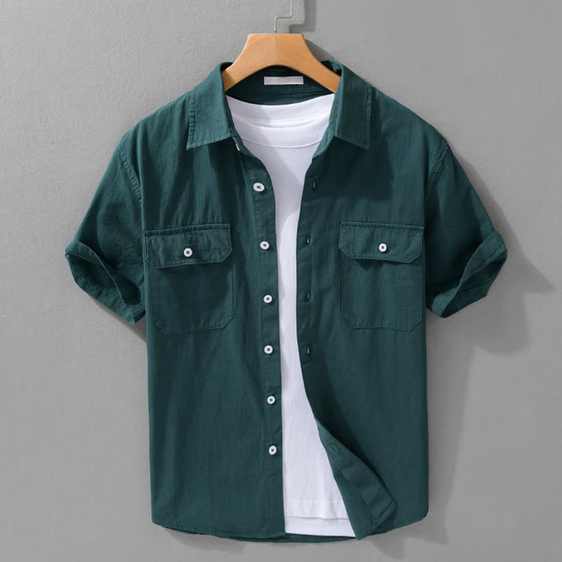 Buddha Stones Daily Casual Pure Color Lapel Men's Short Sleeve Cotton Linen Shirt With Pockets