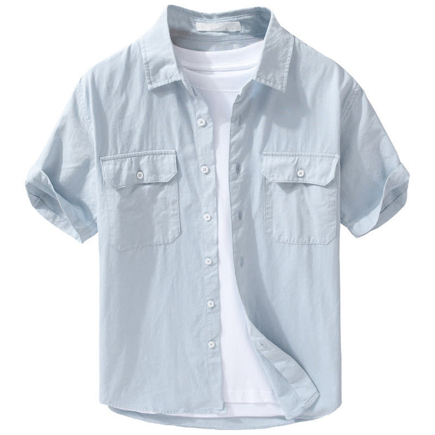 Buddha Stones Daily Casual Pure Color Lapel Men's Short Sleeve Cotton Linen Shirt With Pockets