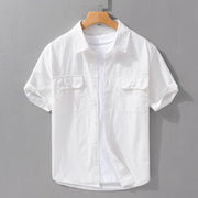 Buddha Stones Daily Casual Pure Color Lapel Men's Short Sleeve Cotton Linen Shirt With Pockets