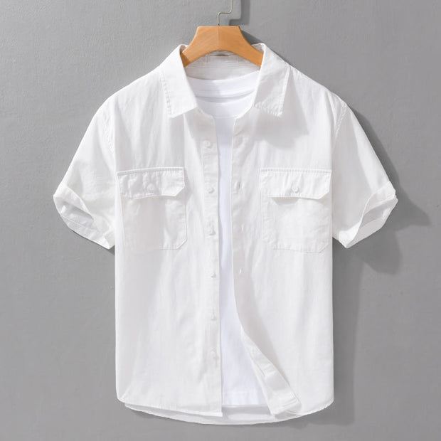 Buddha Stones Daily Casual Pure Color Lapel Men's Short Sleeve Cotton Linen Shirt With Pockets