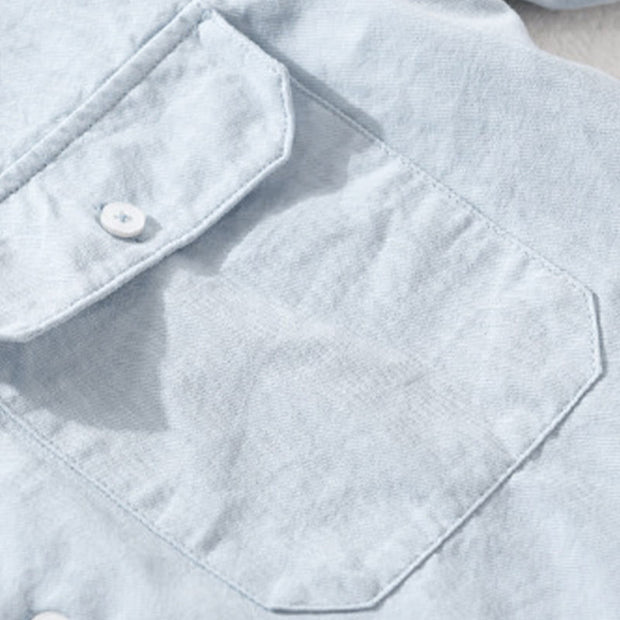 Buddha Stones Daily Casual Pure Color Lapel Men's Short Sleeve Cotton Linen Shirt With Pockets