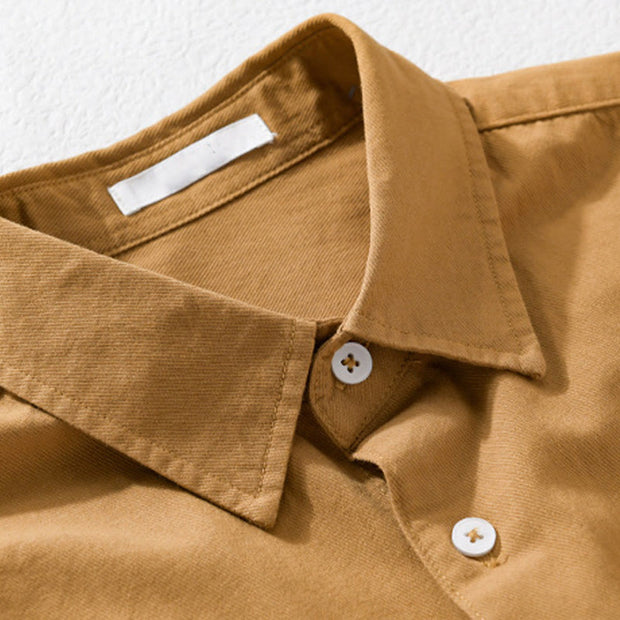 Buddha Stones Daily Casual Pure Color Lapel Men's Short Sleeve Cotton Linen Shirt With Pockets