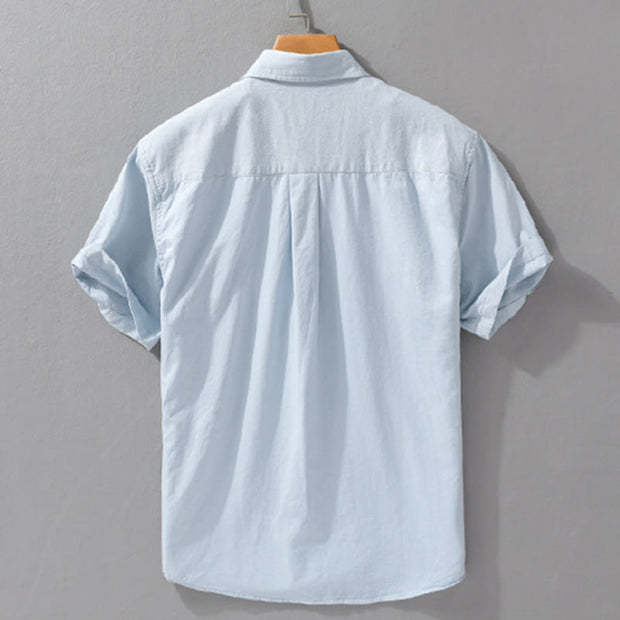 Buddha Stones Daily Casual Pure Color Lapel Men's Short Sleeve Cotton Linen Shirt With Pockets